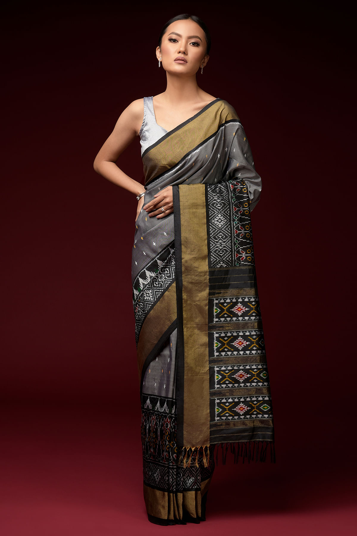 Ash Grey Woven Patola Silk Saree Online at Samyakk