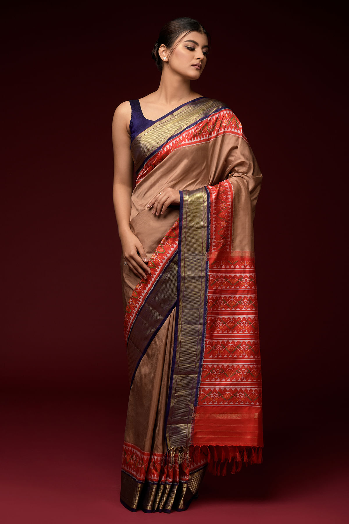 Taupe Brown Zari woven Patola Silk Saree Online at Samyakk