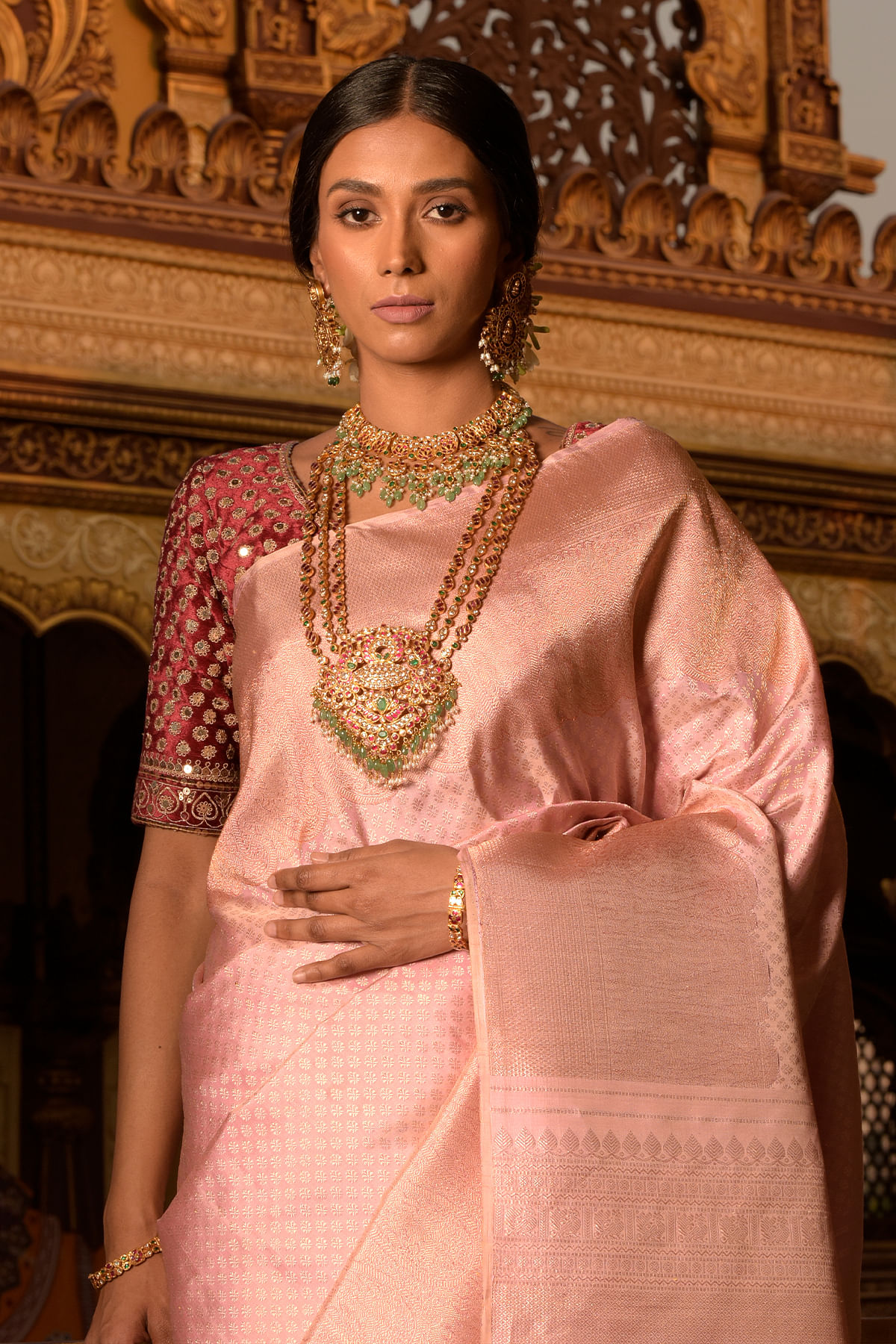 Saree for Newly Bride in Pastel Peach Colour Imported Fabric