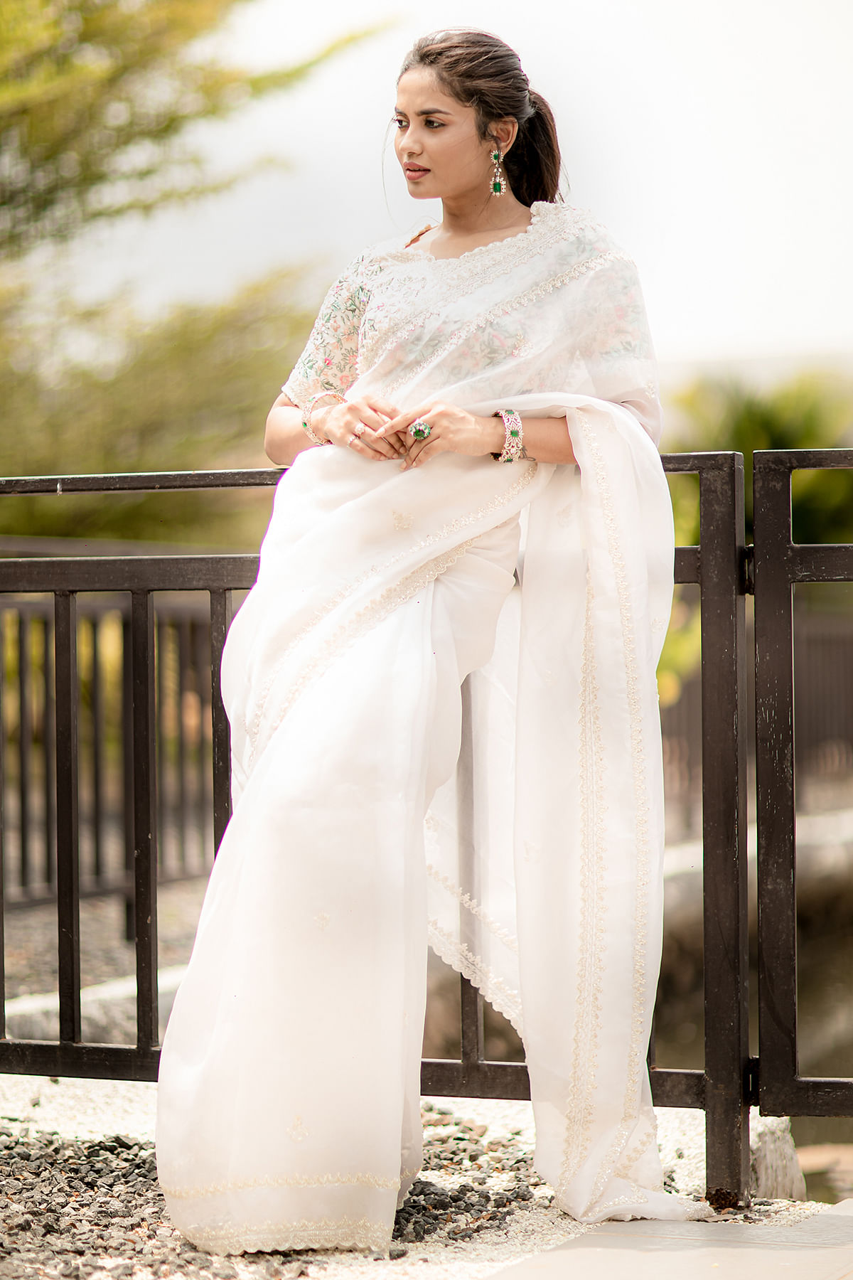 White Cutdana Embroidered Organza Saree