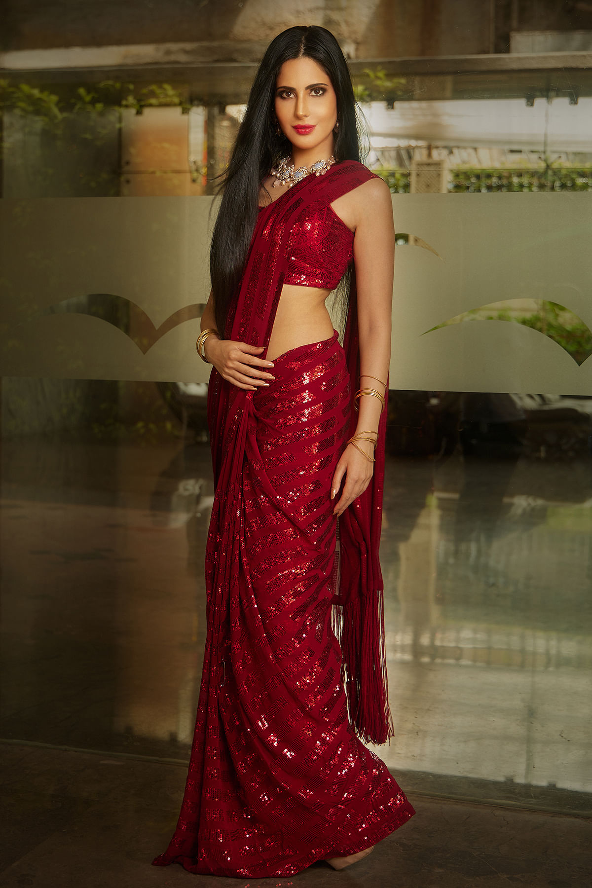 Dark Red Silk Georgette Saree With Embroidery