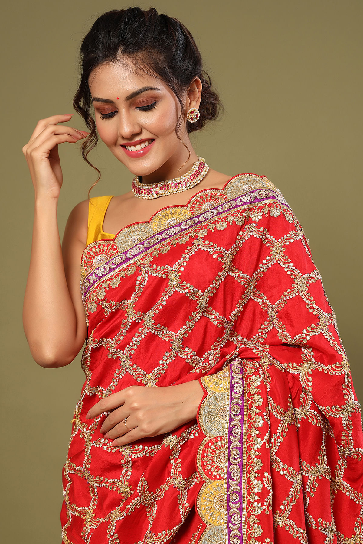 Rosewood Red Designer Embroidered Silk Wedding Saree