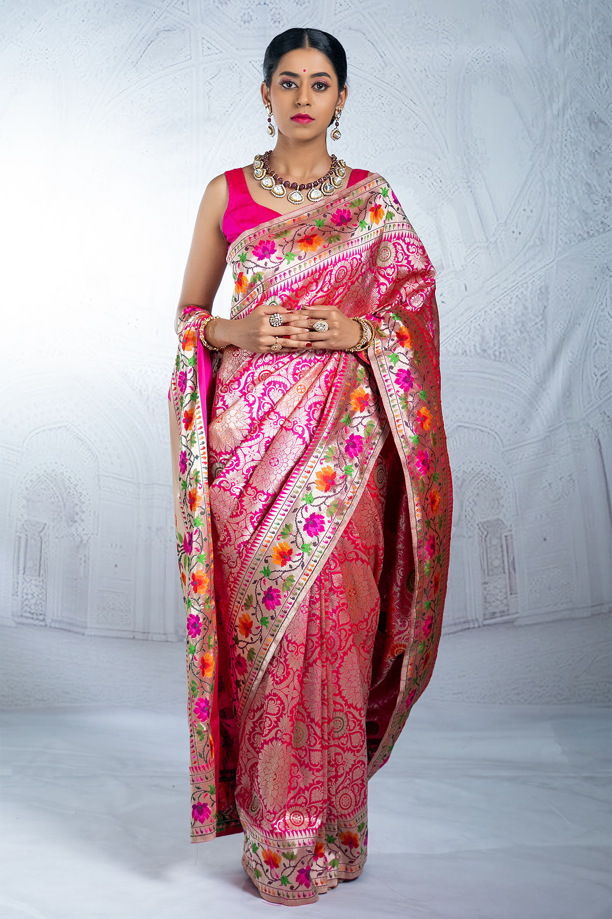 Pink & Red Dual Tone Zari Woven Banarasi Silk Saree