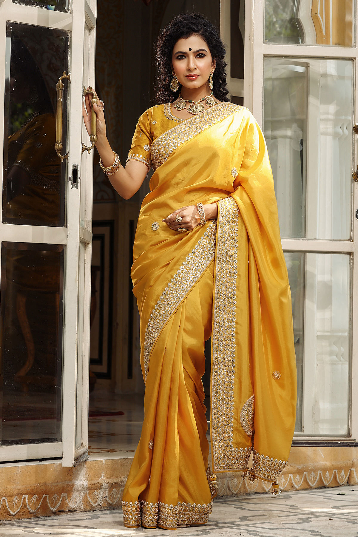 Mango Yellow and Red color Banarasi sarees with zari border saree design  -BANS0002200