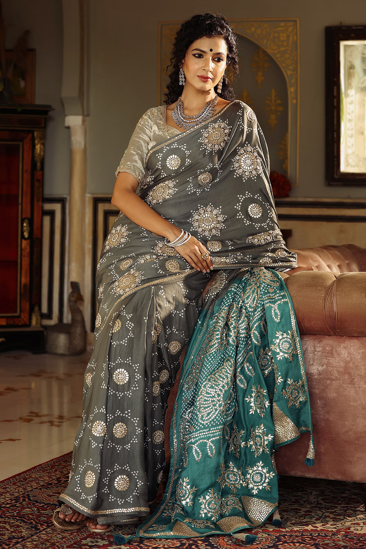 Anchor Grey Pearl Embroidered Silk Saree Online at samyakk