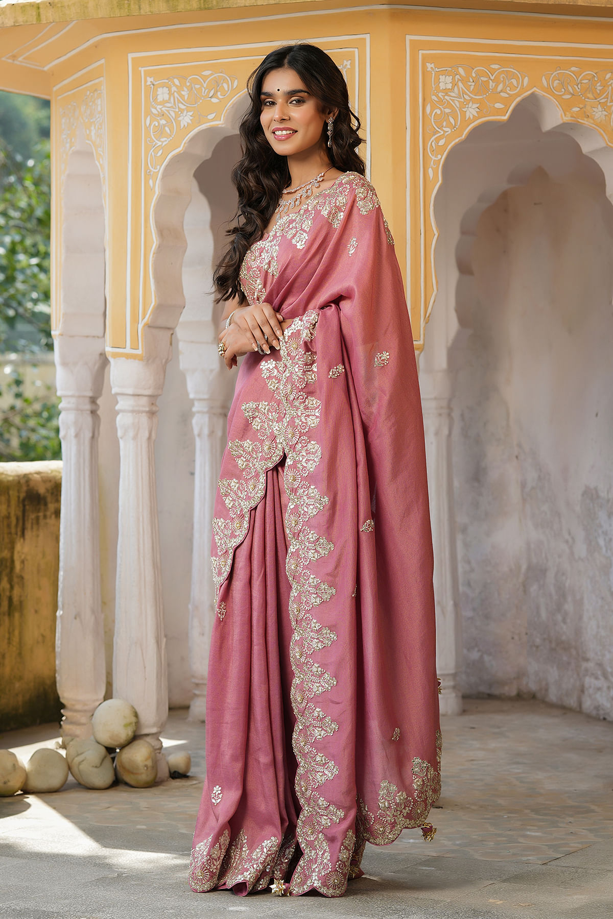 Onion Pink Saree With Sequins Blouse | Saree | Best handcrafted blouse  online