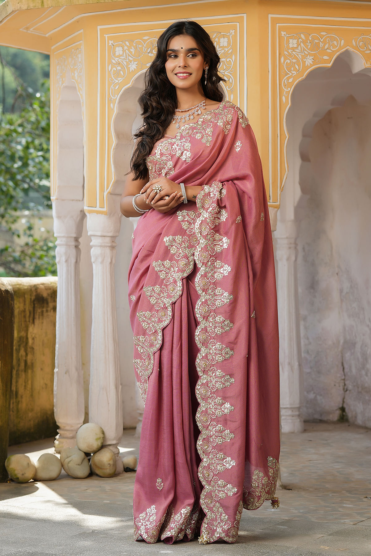 RF - Embroidered Tissue Silk Pakistani Suit in Pink