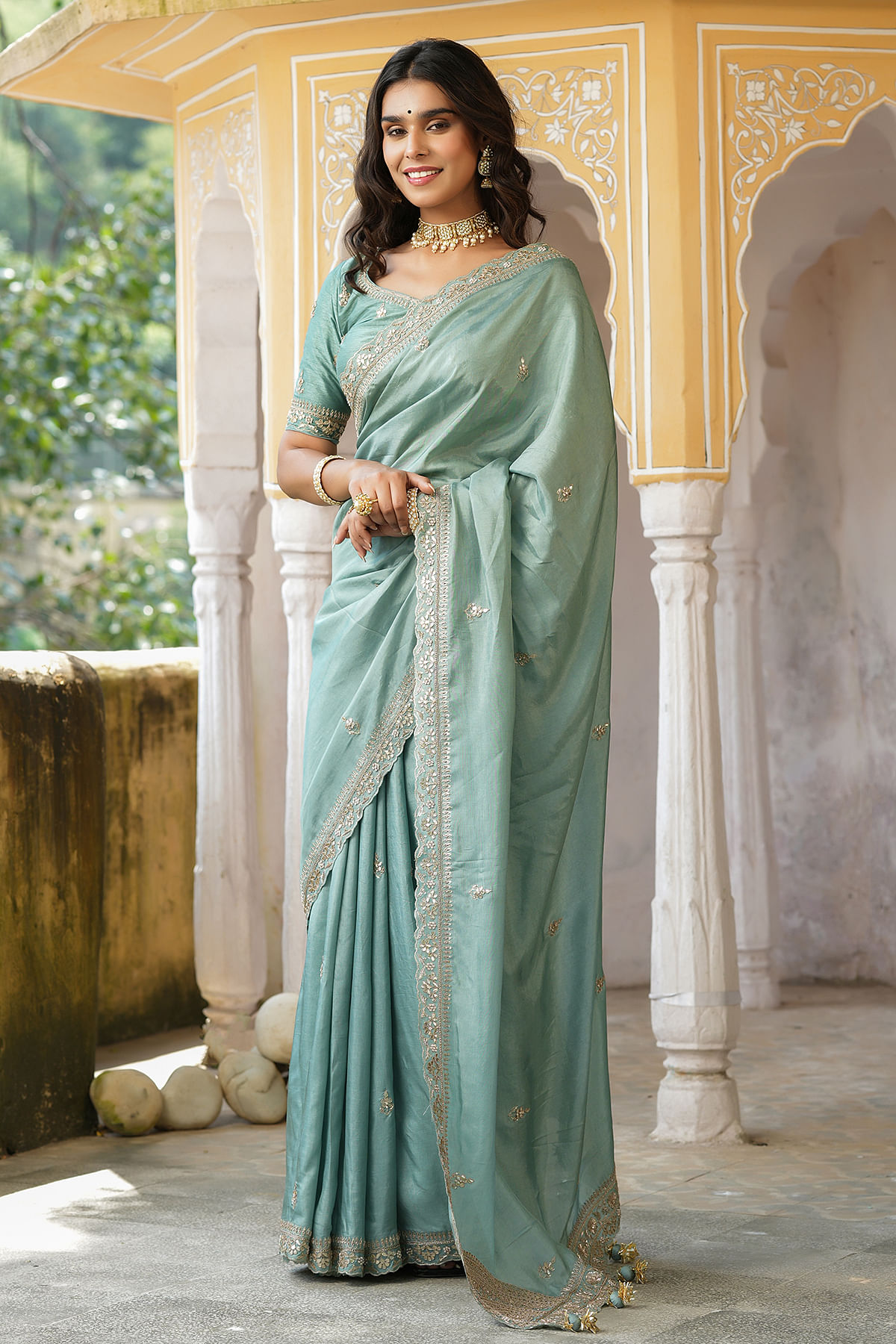 Light Blue Gota Embroidered Tussar Silk Saree Online at Samyakk