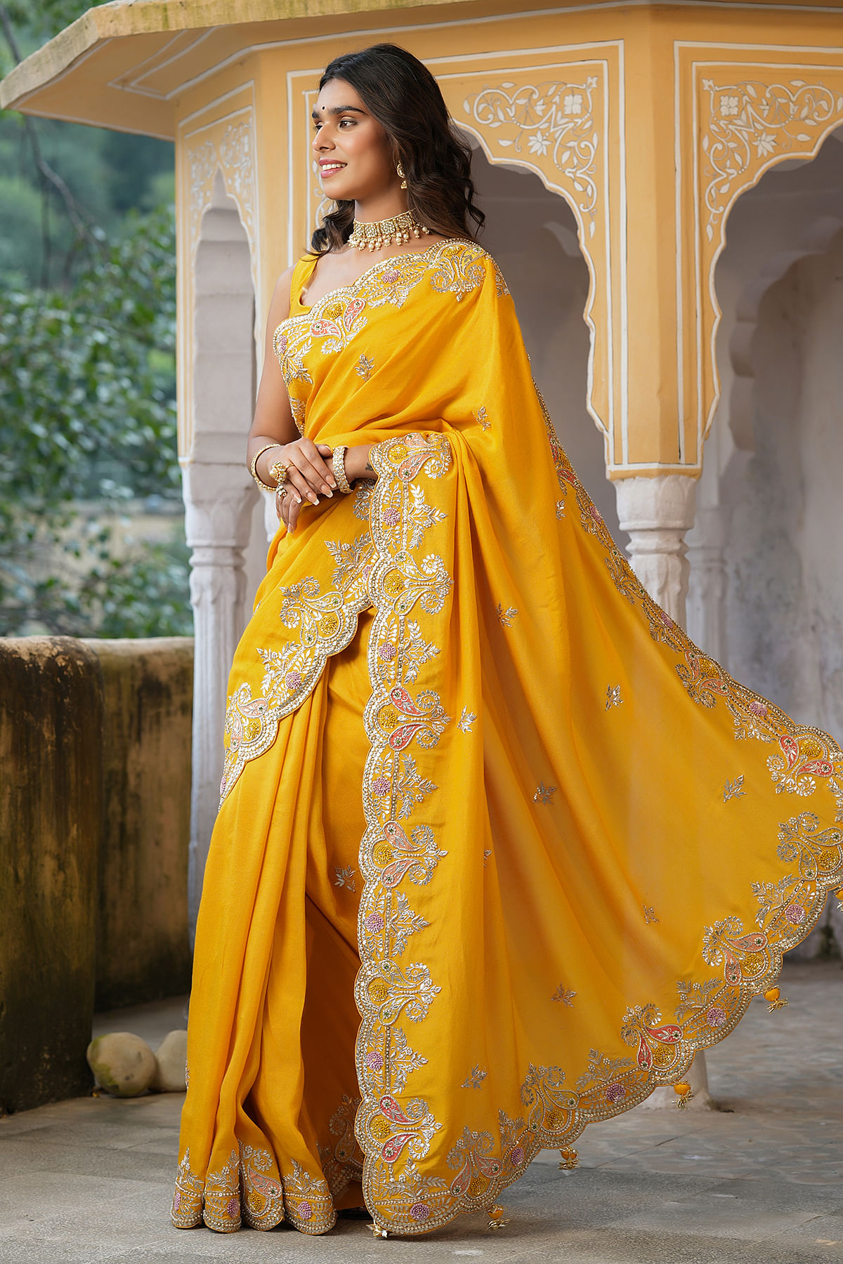 Cyber Yellow Gota Embroidered Tussar Silk Saree Online at Samyakk