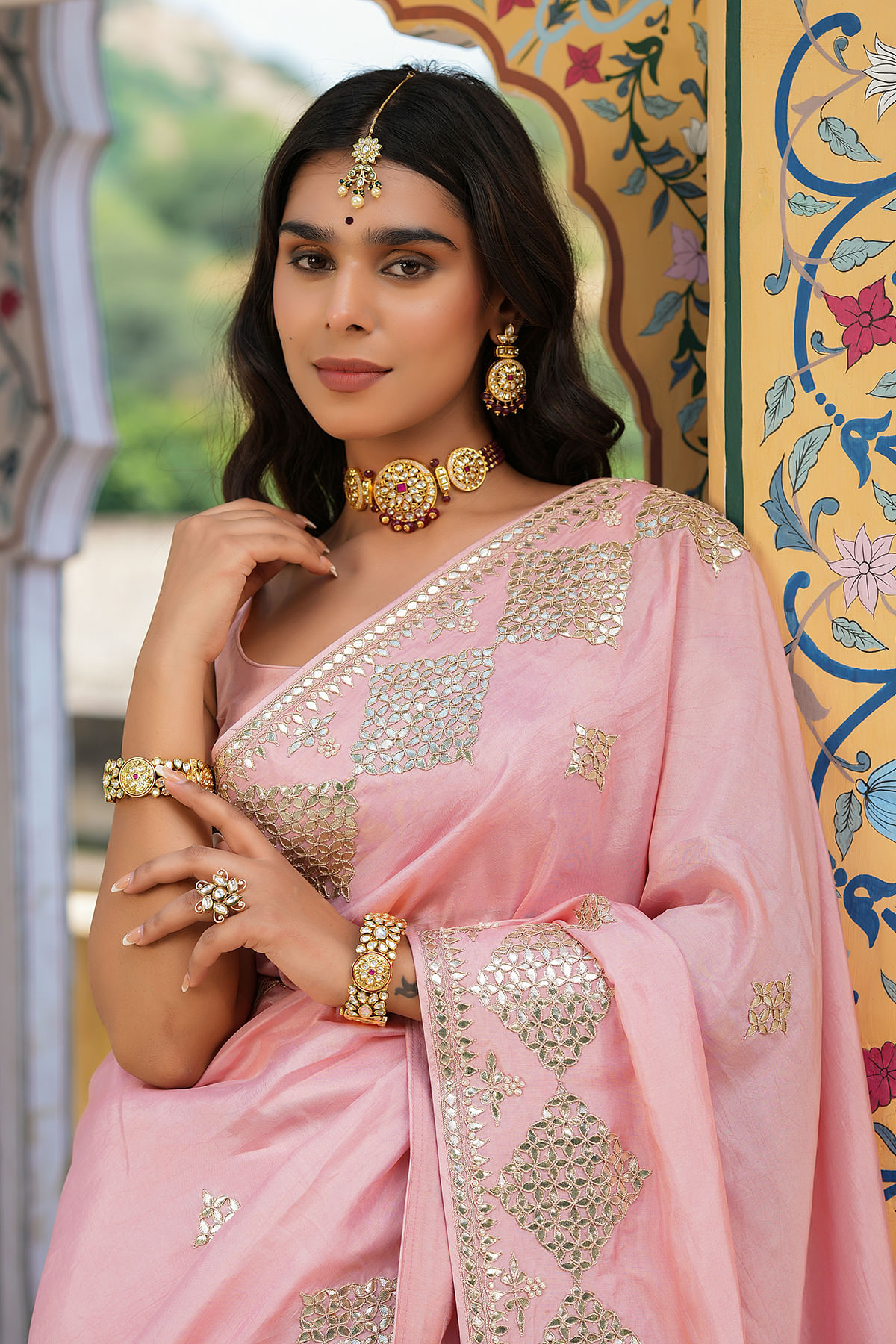 Light Pink Wedding Wear Chiffon Saree