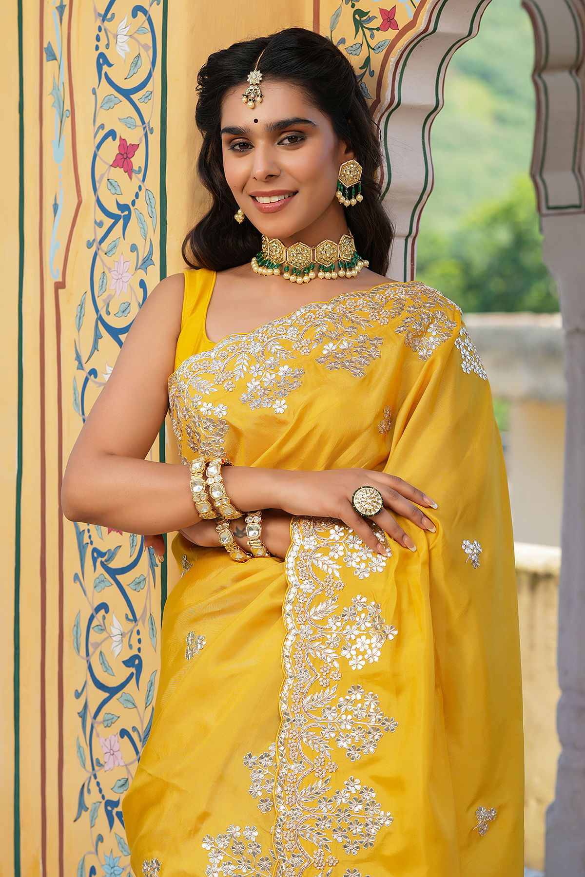 Buy Lemon Yellow Organza Saree online-Karagiri