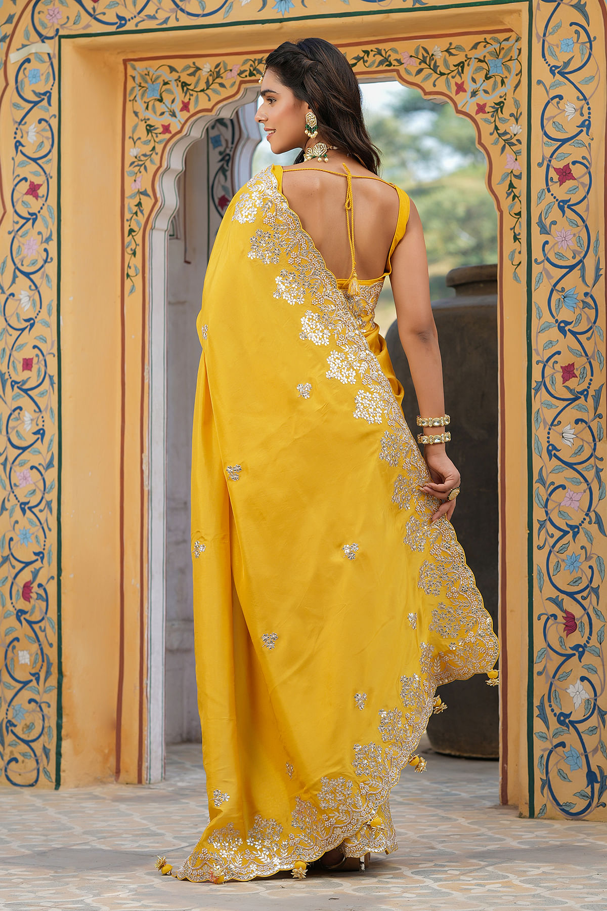 Mustard Yellow Gota Embroidered Organza Saree-SR27188