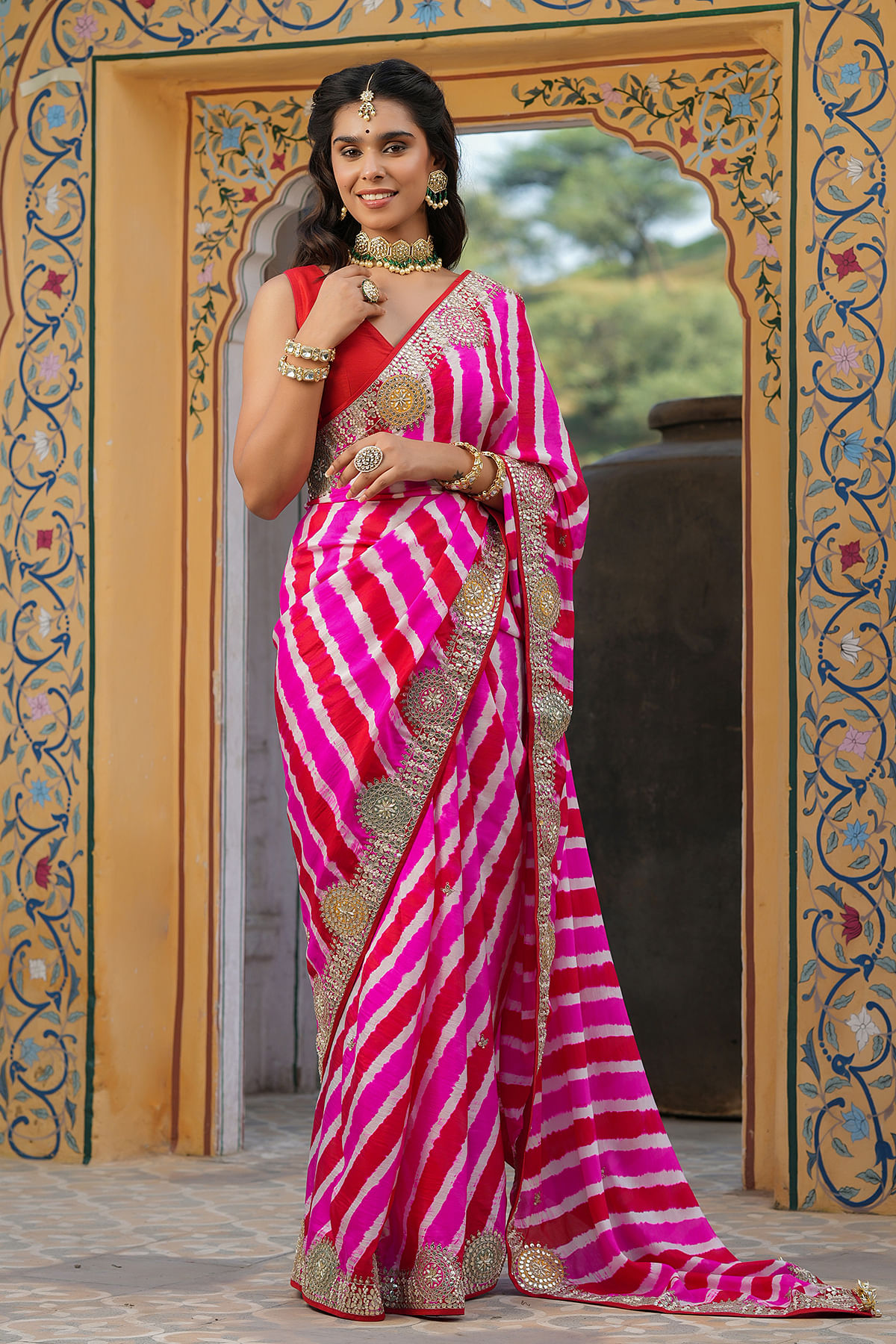 Buy Pink & Red Printed Tussar Silk Saree Online