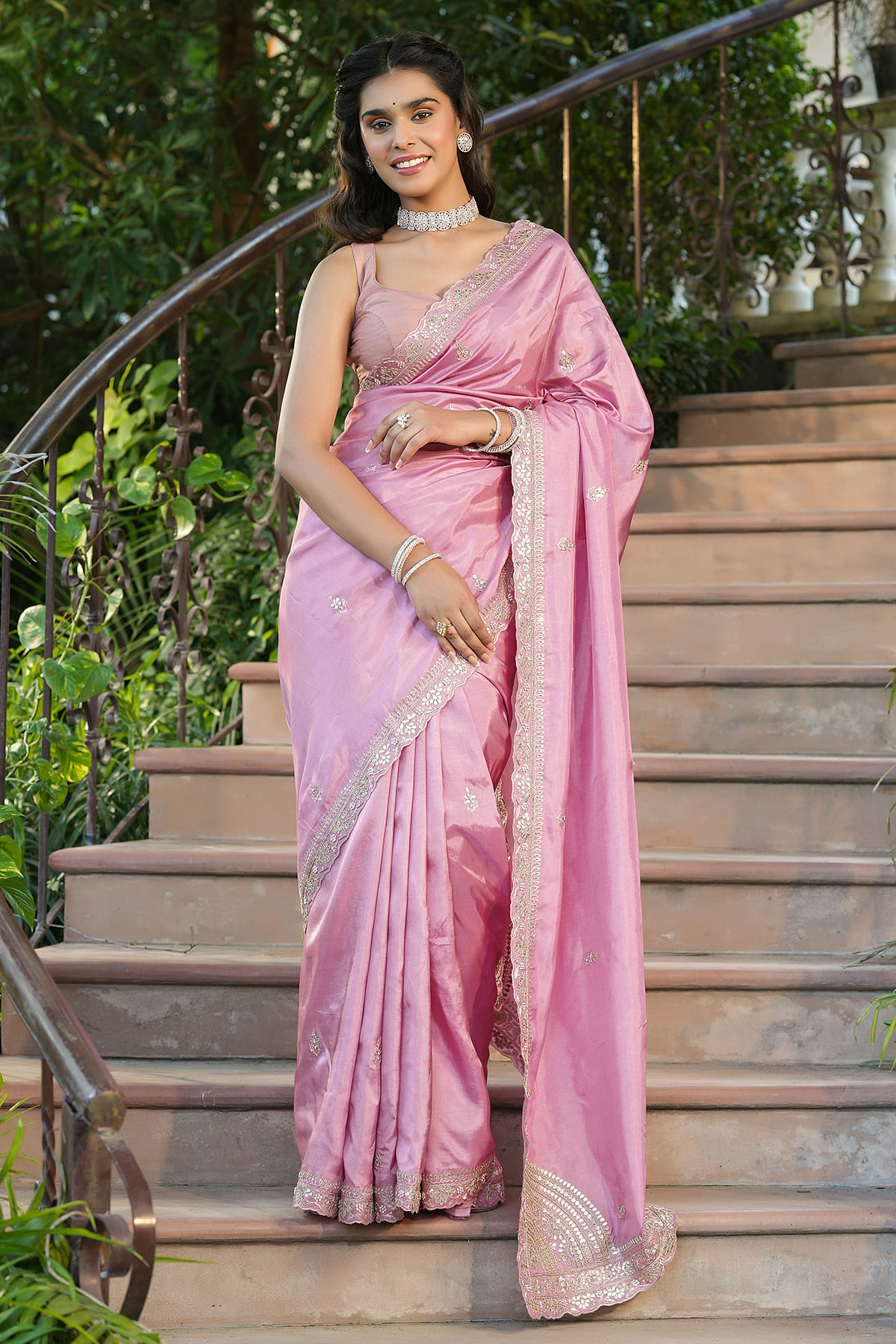 Buy Mauve Pink Gota Embroidered Tussar Silk Saree Online