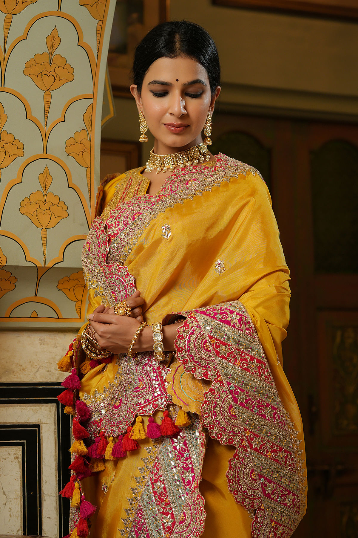 GOLDEN YELLOW SHADE NIRMANA DESIGNER SAREE FOR WOMEN -NIRM001DSP –  www.soosi.co.in