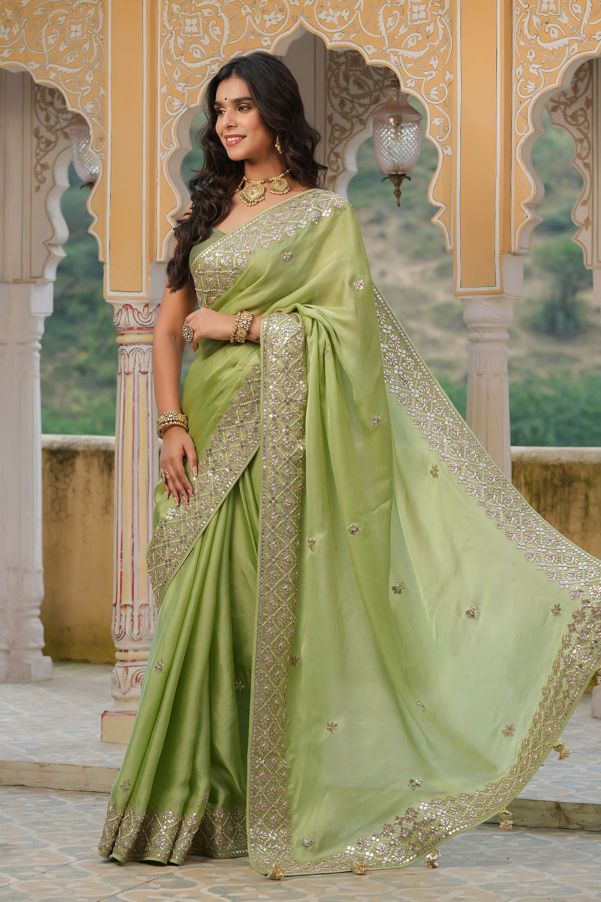 Pista Green Organza Party Wear Saree With Contrast Blouse