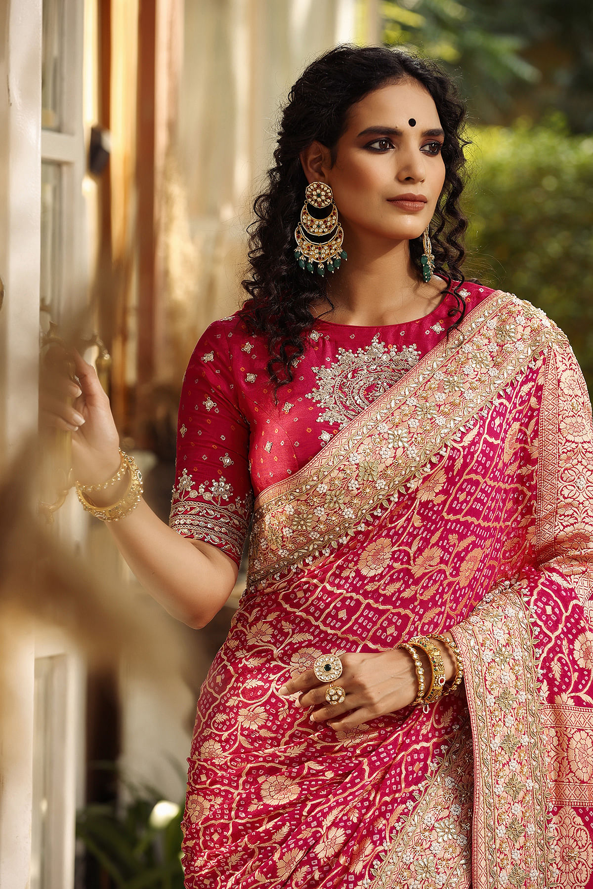 Dark Pink Pearl Embroidered Georgette Saree-SR27205