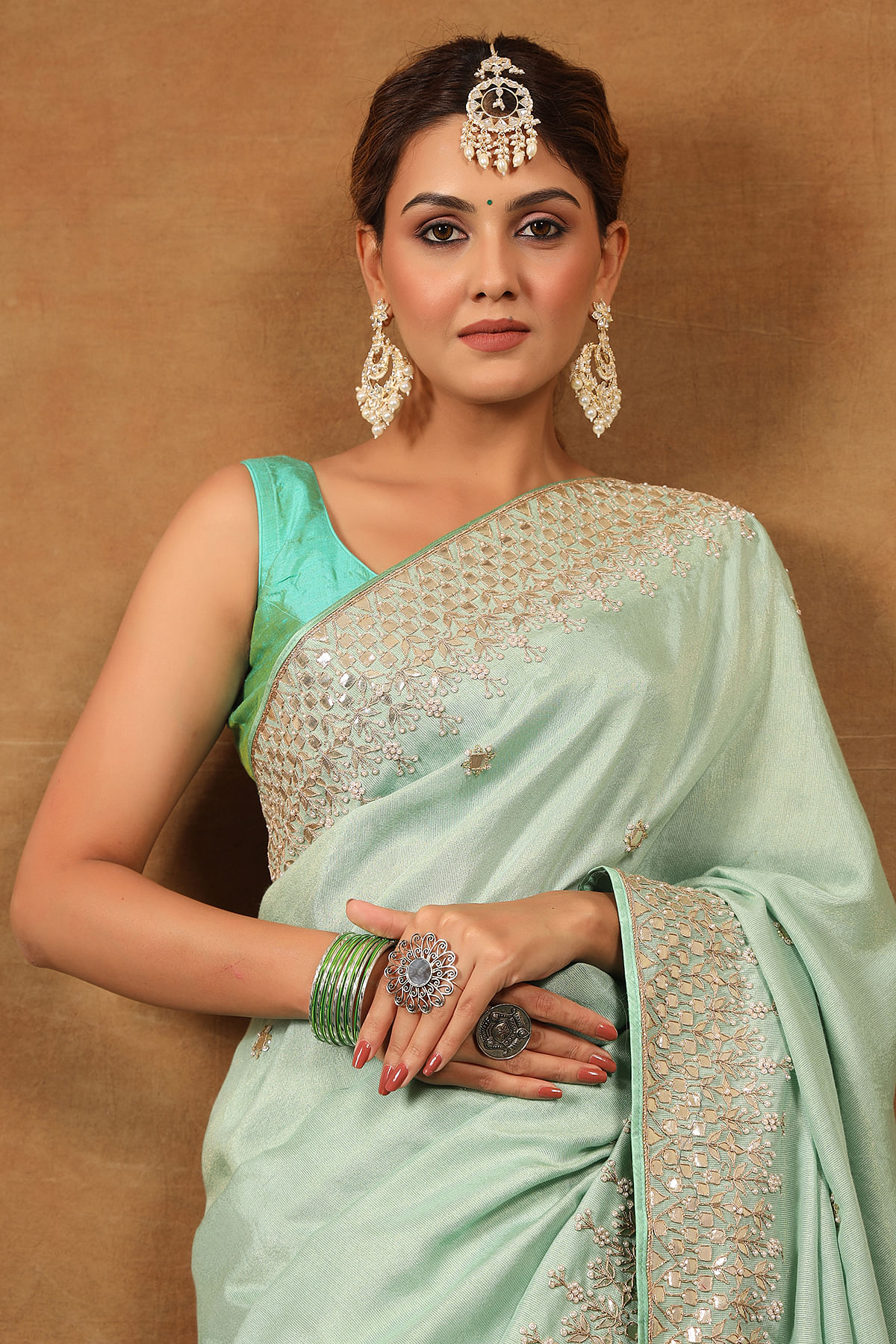 Mint Green Partywear Sequence Embroidered Silk Saree