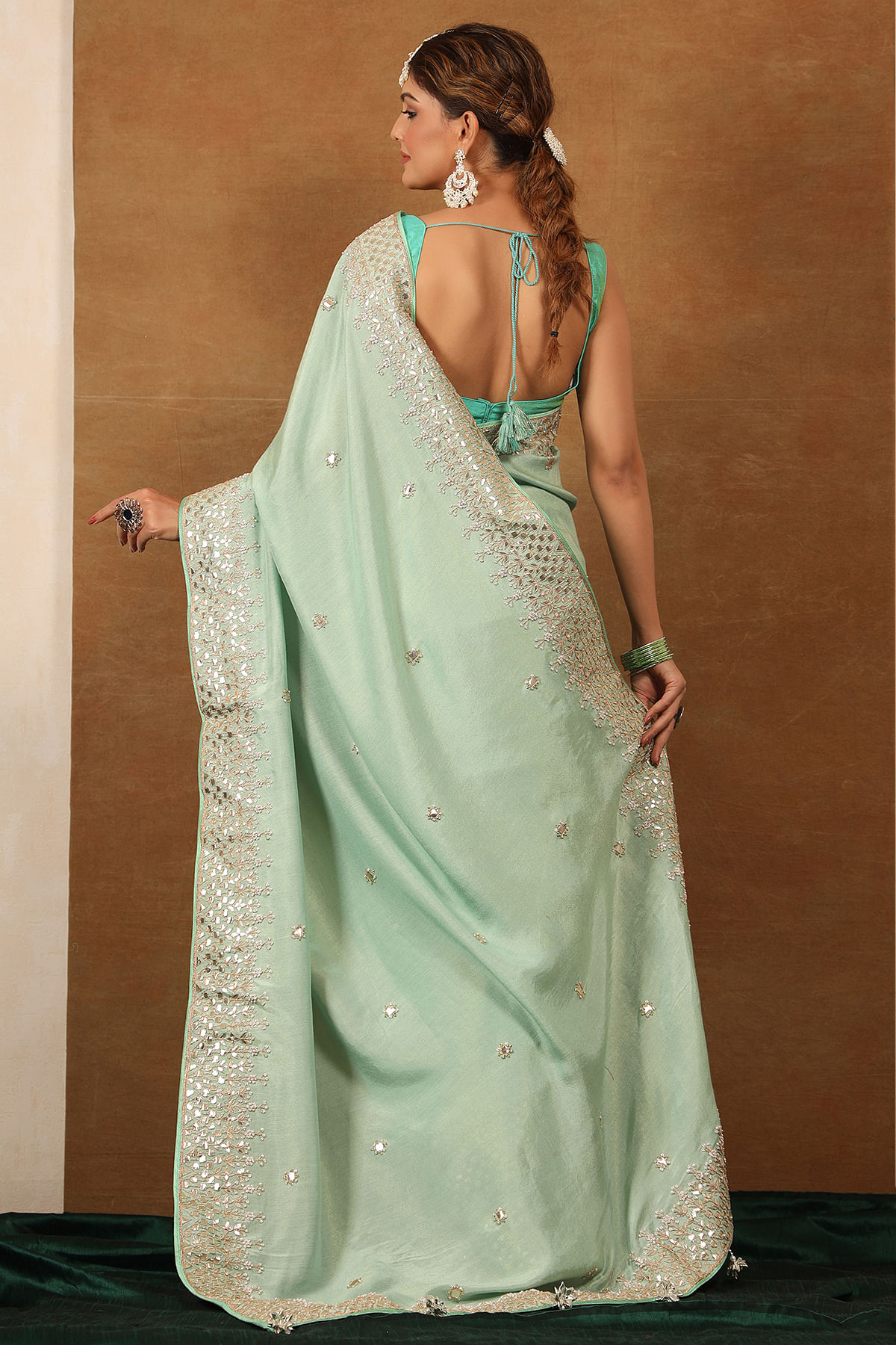 Buy Mint Green Georgette Saree with Blouse Online in USA – Pure Elegance