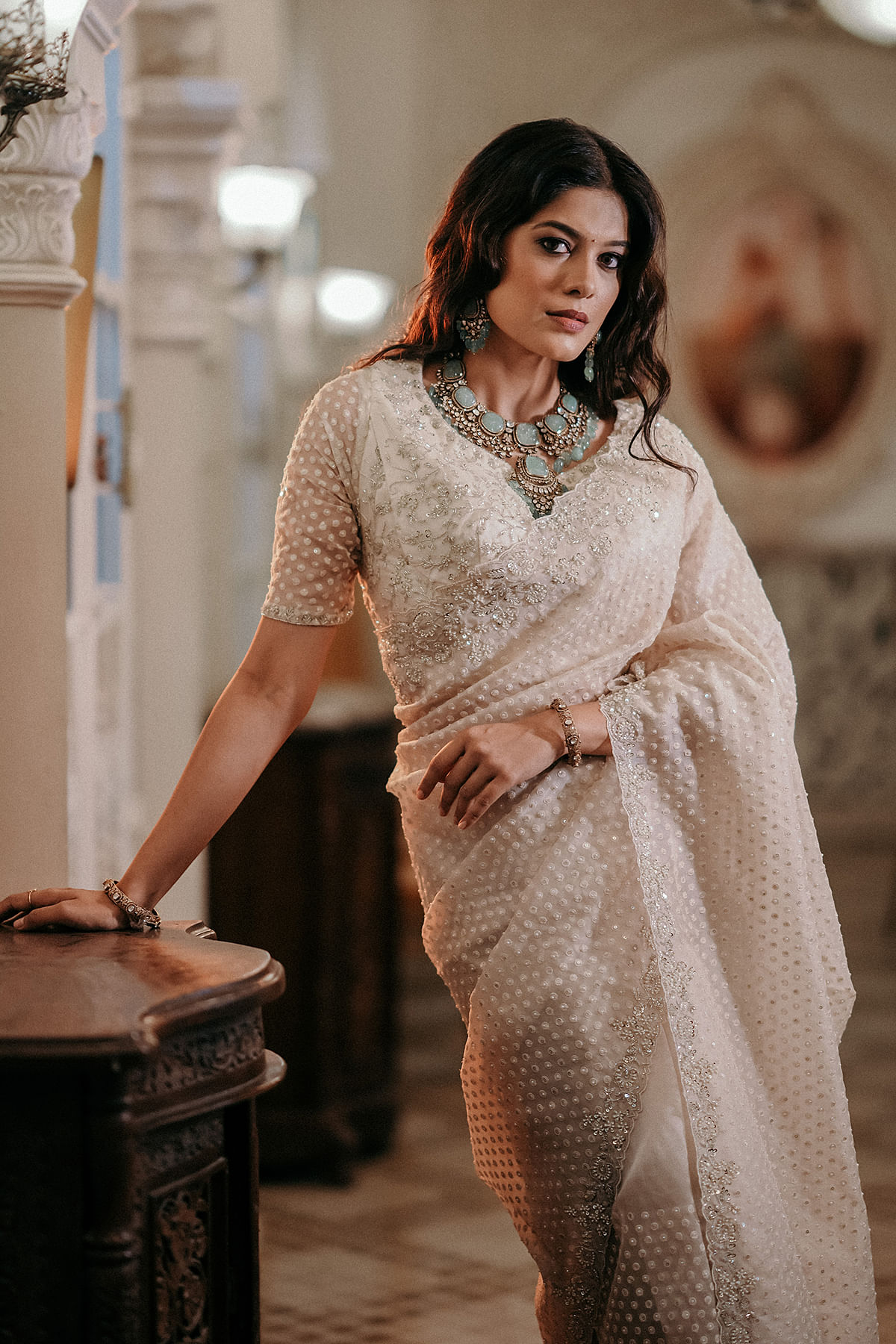 Asha Bhat in Samyakk's Ivory White Pearl Embroidered Organza Saree