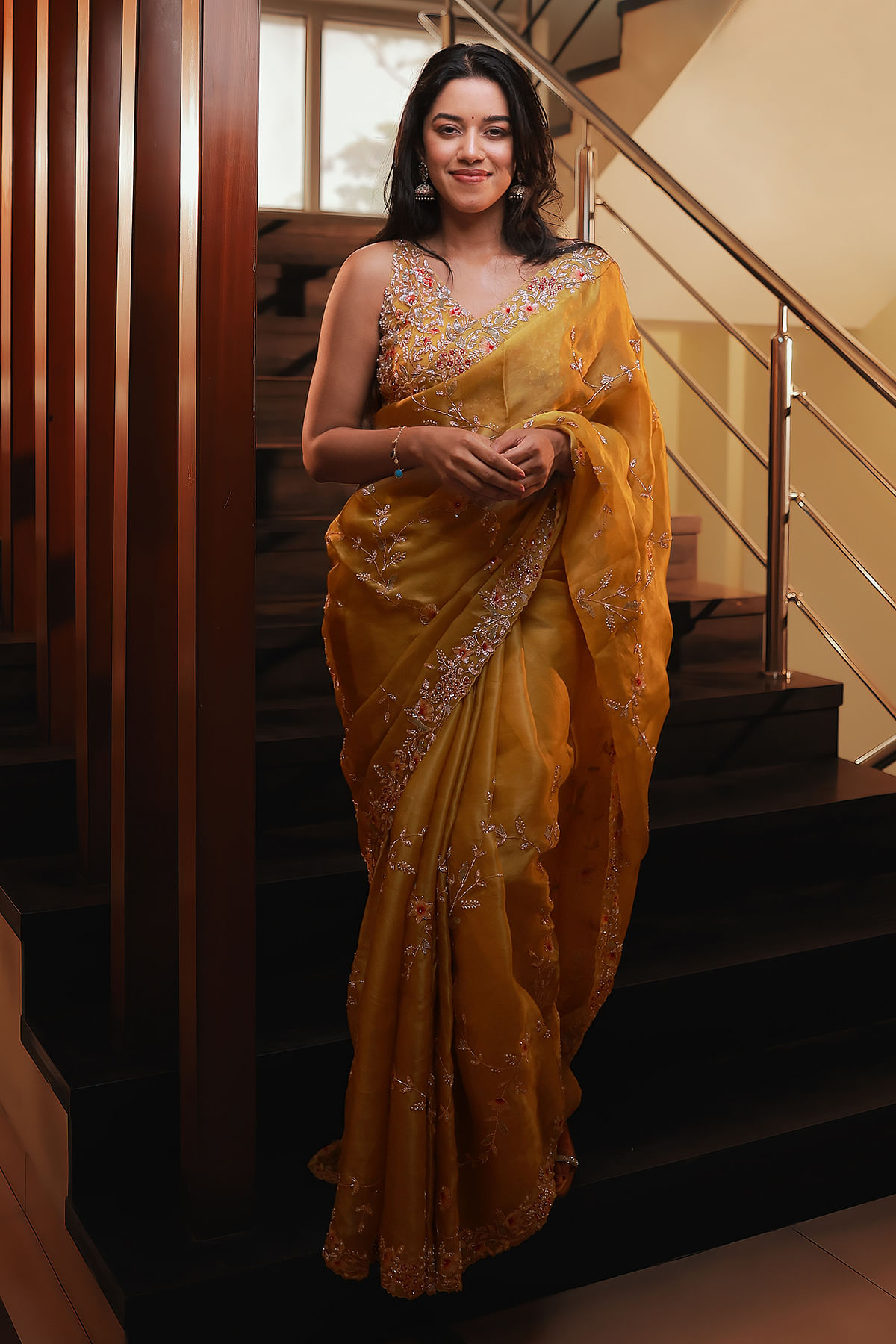 Buy Reed Yellow Sequins Embroidered Tissue Organza Saree Online | Samyakk
