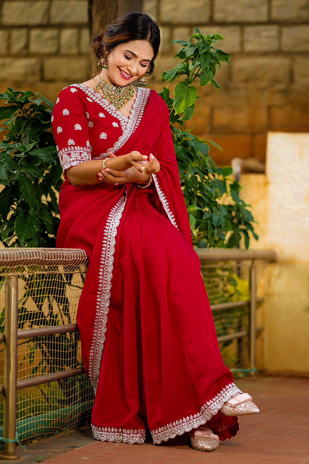 Kavya Gowda looks gorgeous in Samyakk's Dark Red Zardosi Embroidered Abuthai Silk Saree