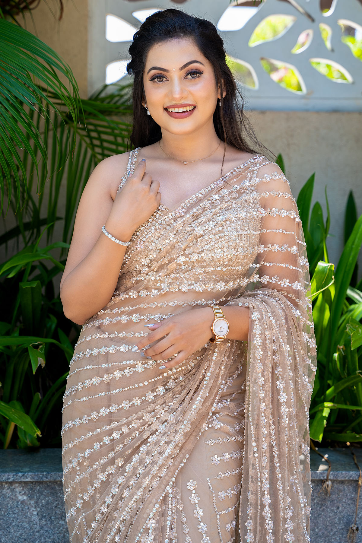 Enchanting Madhumitha H in Samaykk's Beige Brown Sequins Embroidered Party Wear Net Saree-SR27300