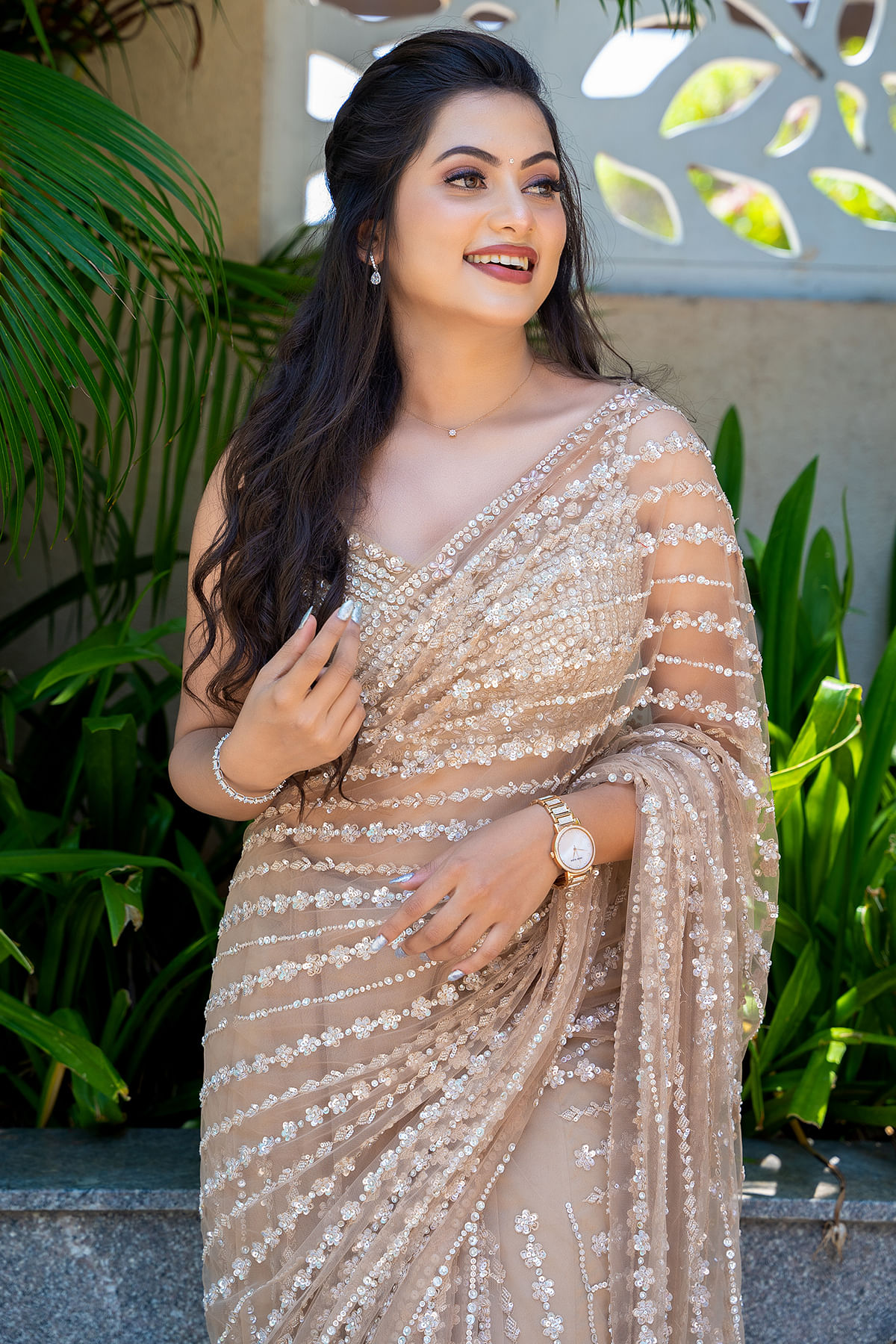 Enchanting Madhumitha H in Samaykk's Beige Brown Sequins Embroidered Party Wear Net Saree-SR27300