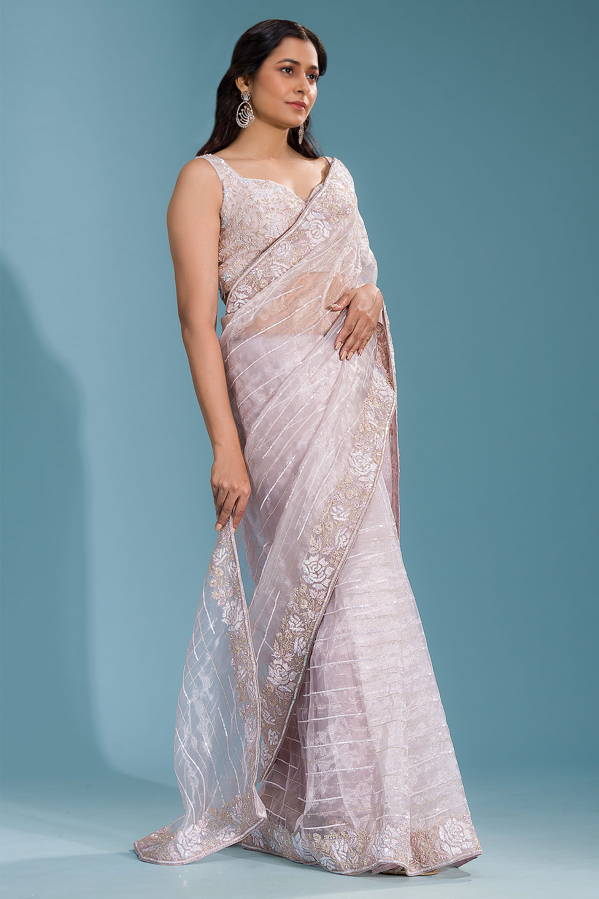 Gery color Desginer saree in Shimmer with Mirror work all over | Kishori