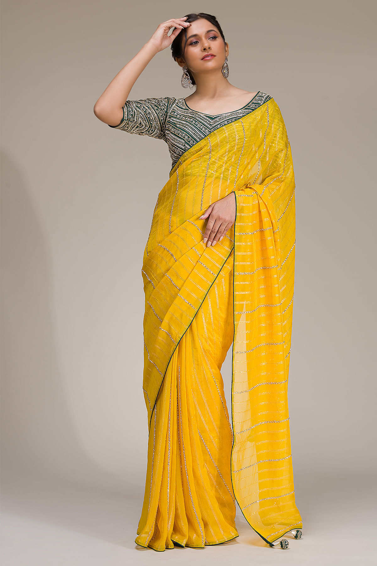 Amber Yellow Cutdana Embroidered Organza Saree Online at Samyakk