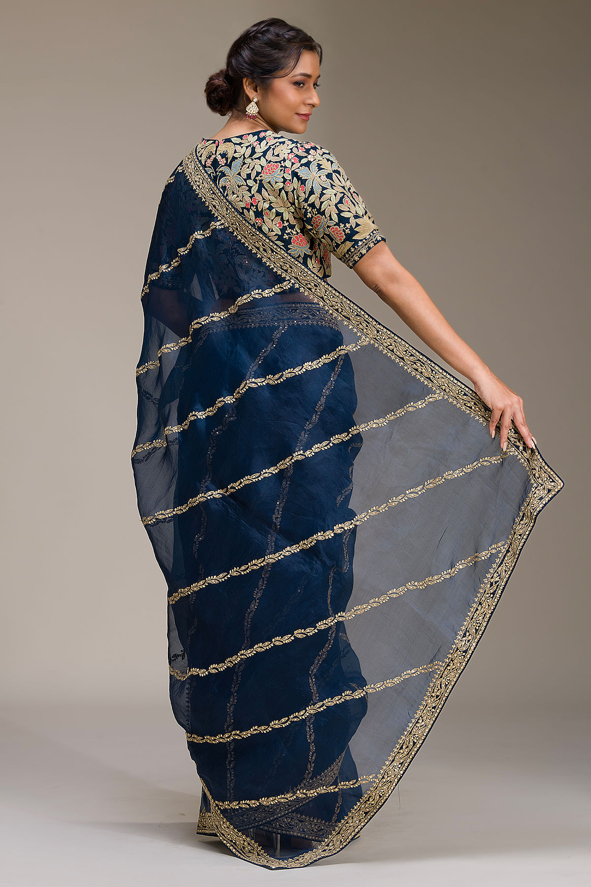 Buy Dark Navy Blue Dori Embroidered Organza Saree Online | Samyakk