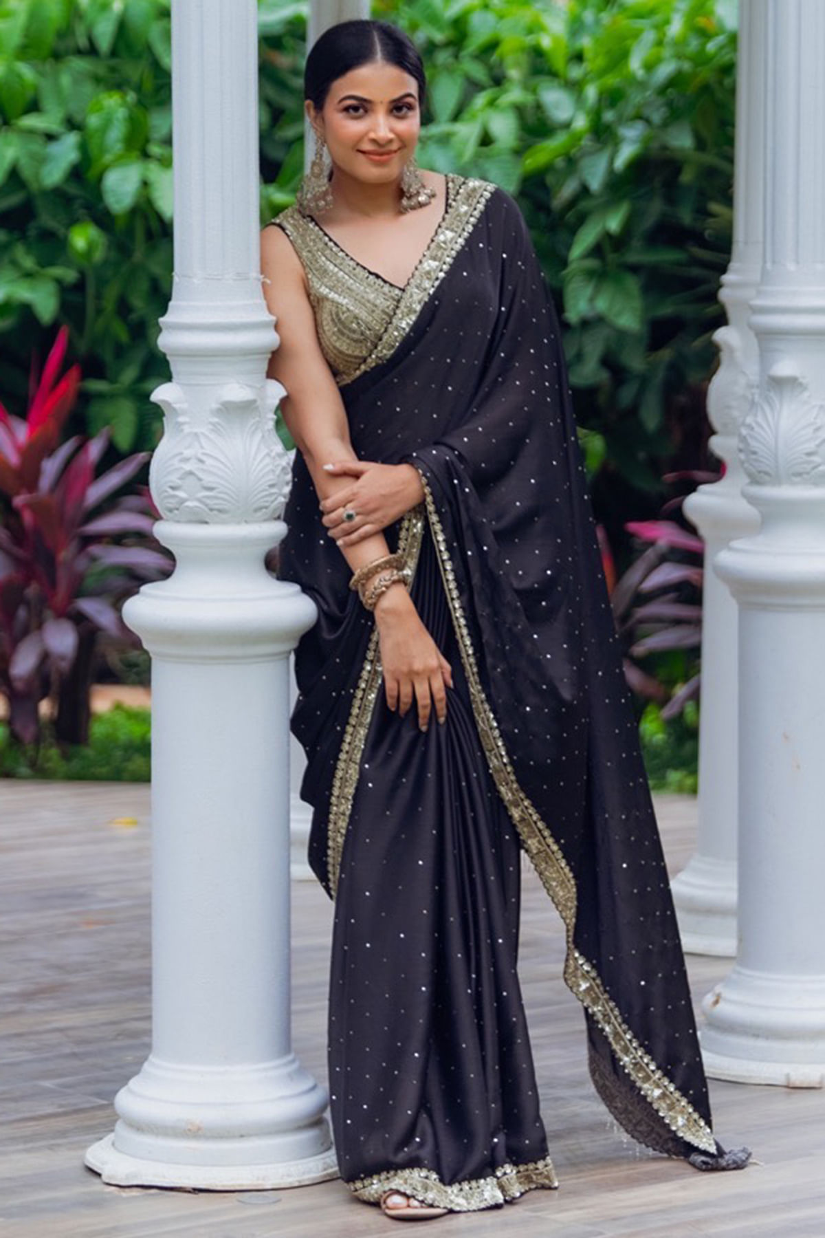 Black Sequins Embroidered Crepe Saree
