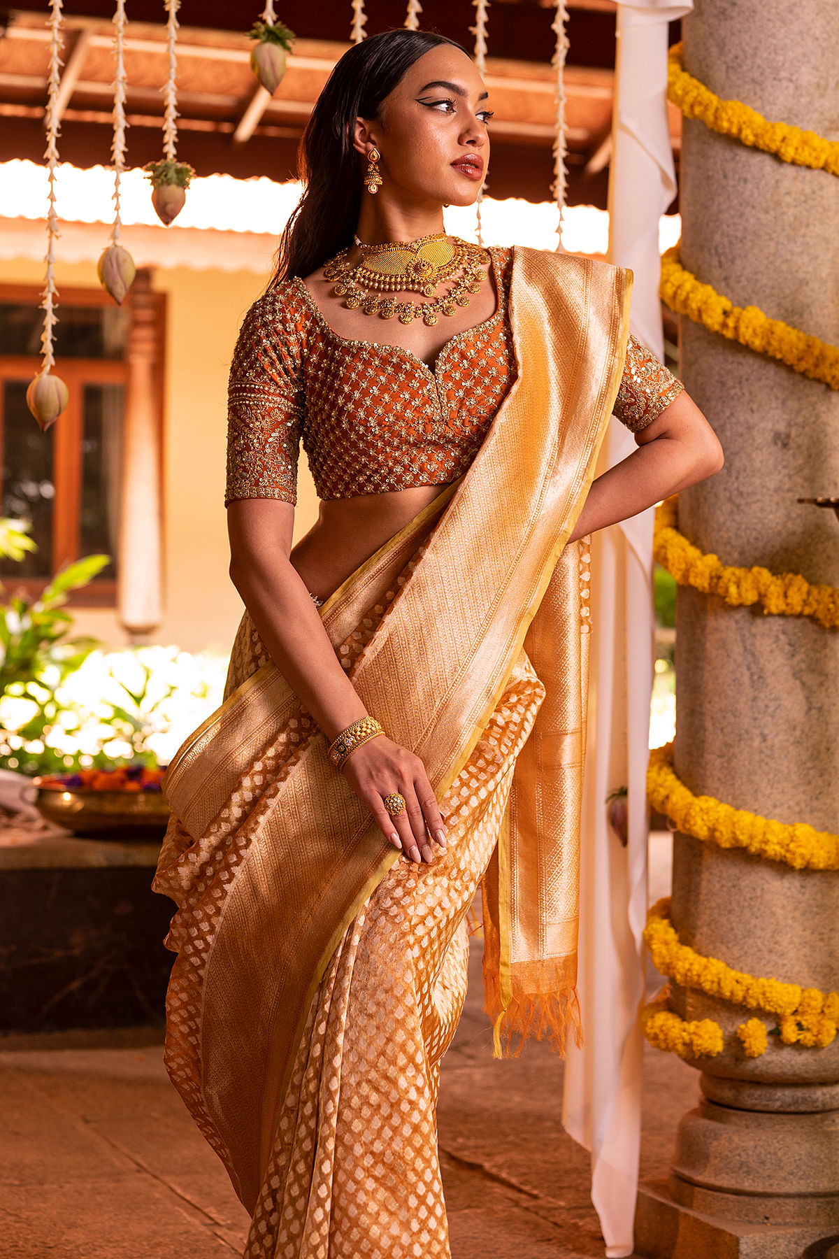 Orange & Gold Dual Tone Zari Woven Festive Wear Banarasi Tissue Organza Saree