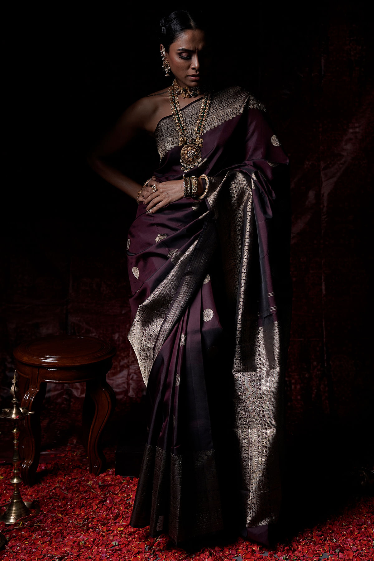 Black Color Kanchipuram Saree With Check Patterns | ADB139A