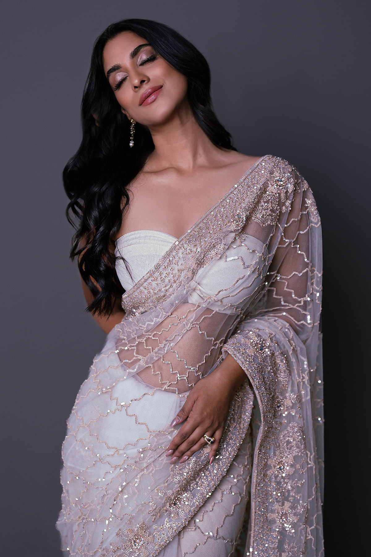 Buy Ivory Sequin Saree by Designer SEEMA GUJRAL Online at Ogaan.com