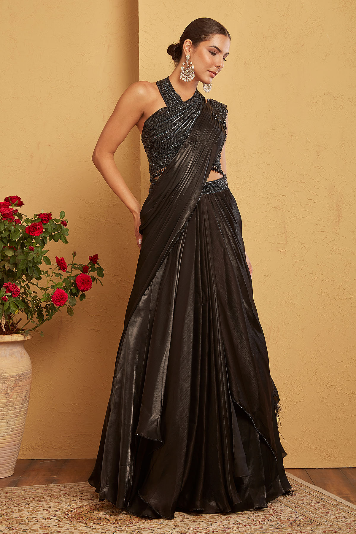 Black Sequins Embroidered Glass Tissue Draped Saree