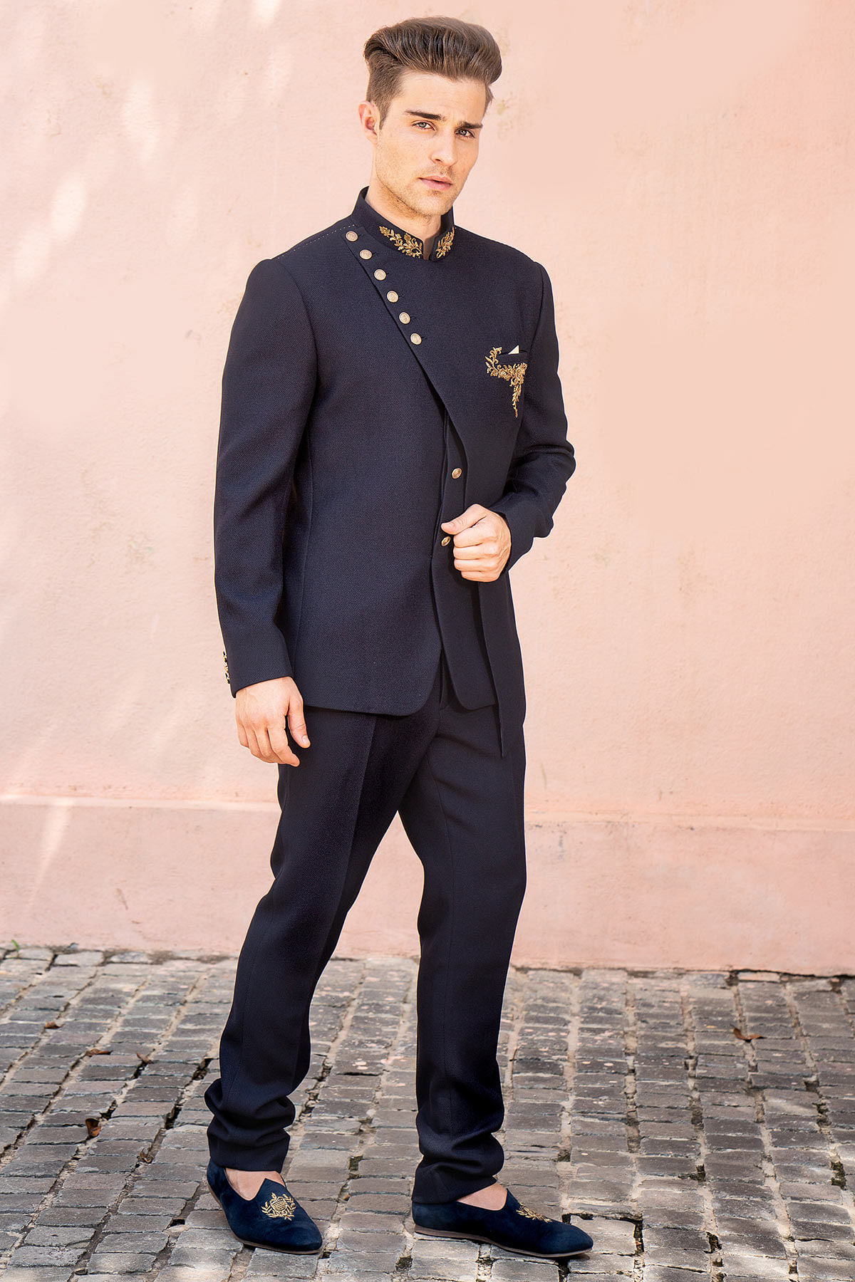 Navy Blue Color Reception Wear Jodhpuri Suit In Rayon Fabric