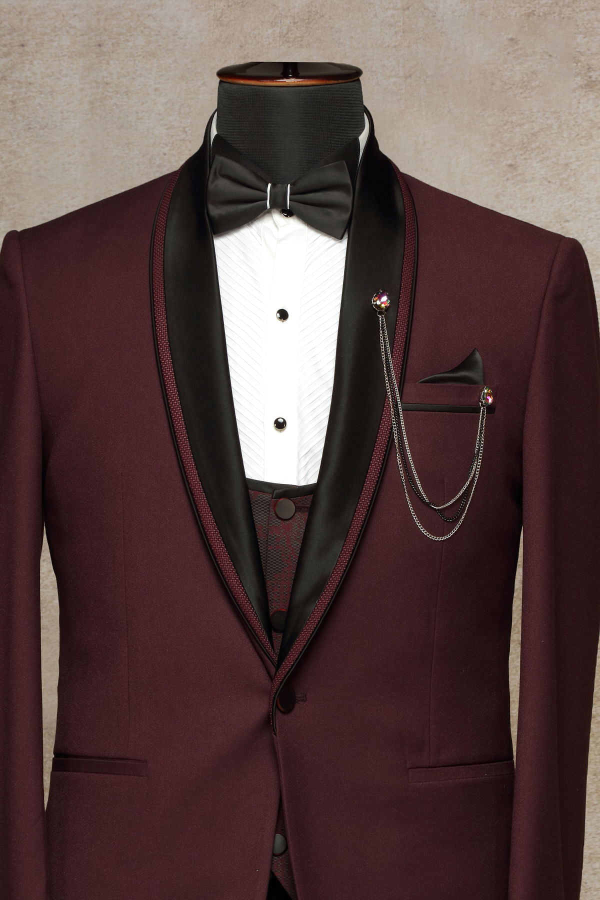 Elegant Maroon Groom Suit with Black Bow Tie