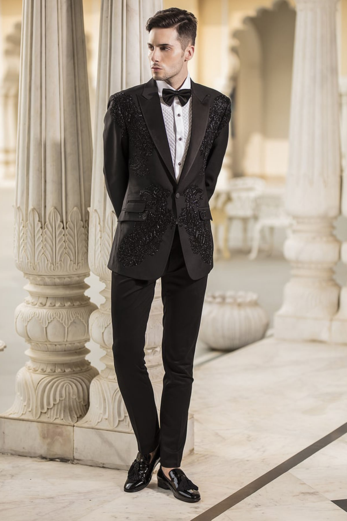 Black Cutdana Embroidered Italian Tuxedo Suit-ST1265