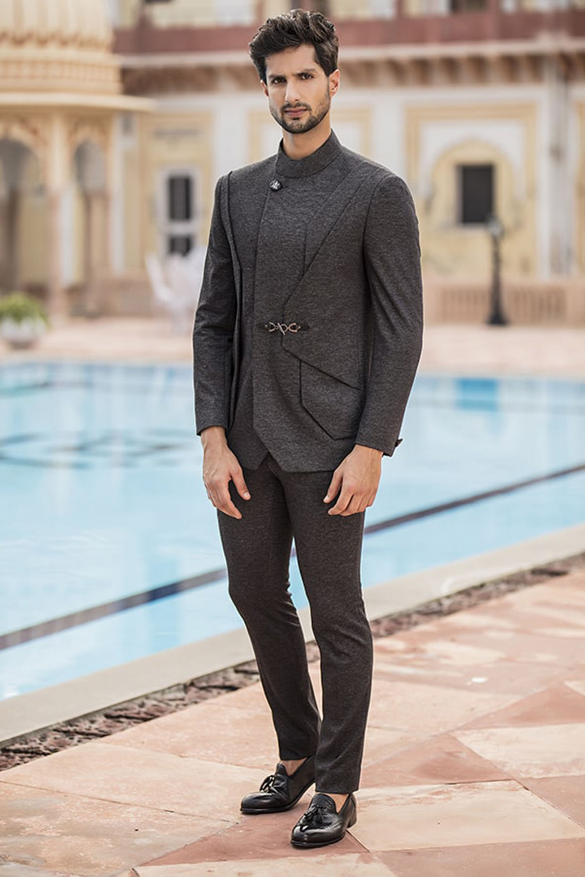 Charcoal Grey Woven Poly-Knit Jodhpuri Suit