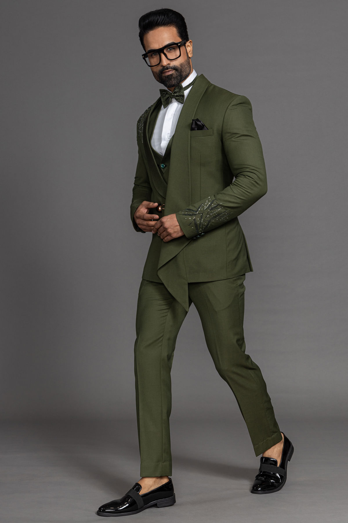 Olive Green Sequins Embroidered Italian Tuxedo Suit