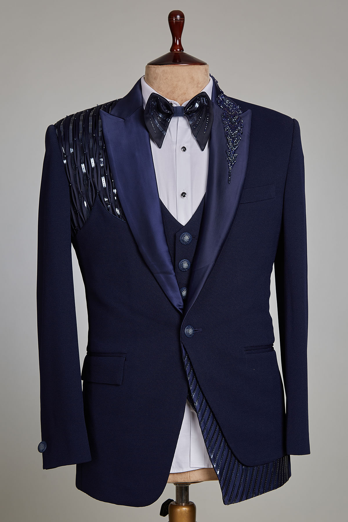 Buy Dark Blue Cutdana Embroidered Italian Tuxedo Suit Online