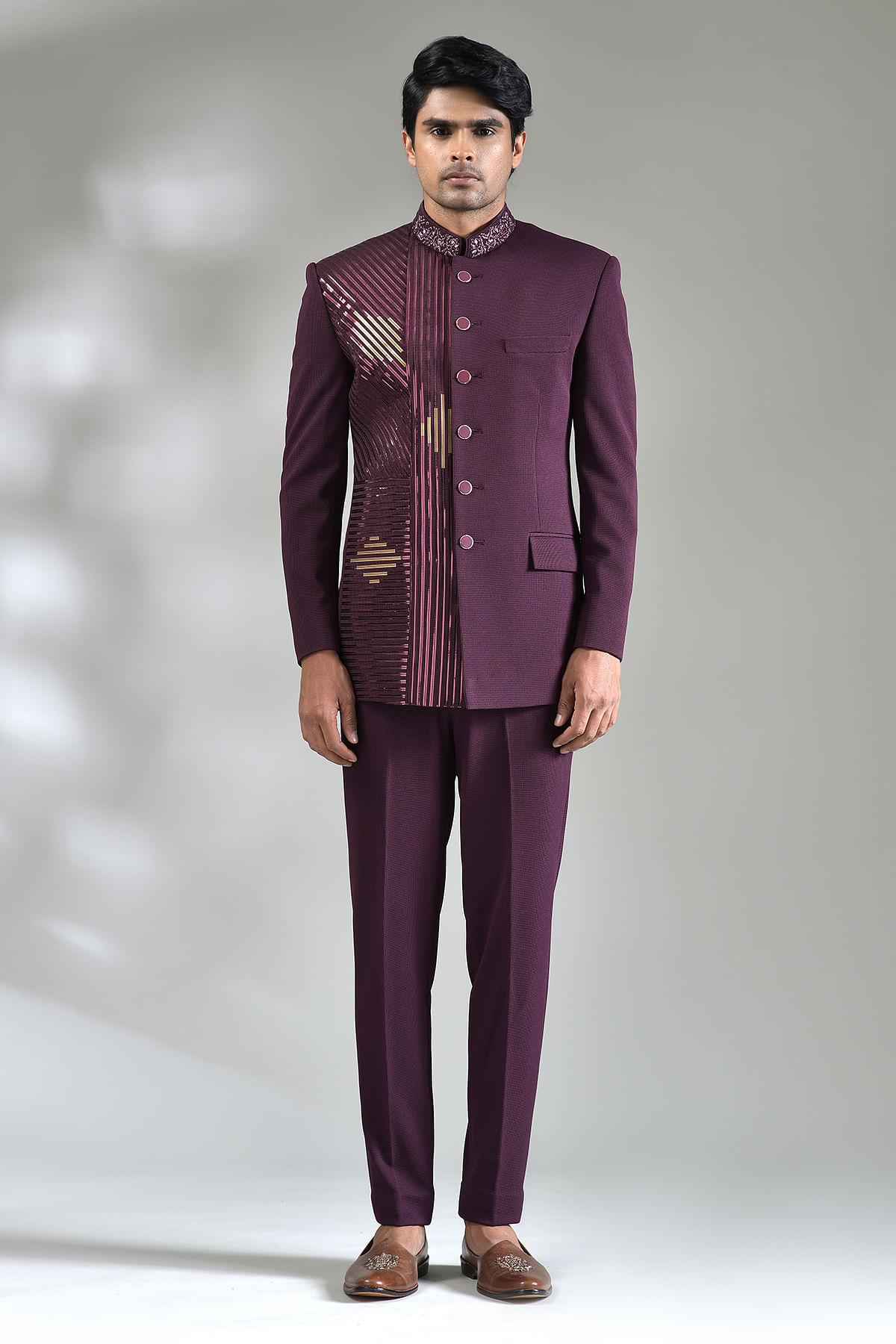 Wine Purple Cutdana Embroidered Italian Jodhpuri Suit