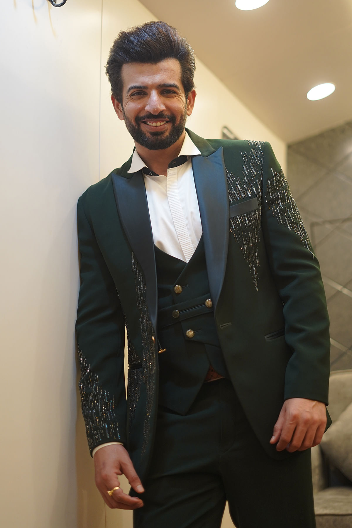 Jay Bhanushali in Dark Bottle Green Cutdana Embroidered Italian Tuxedo  Suit-ST1475