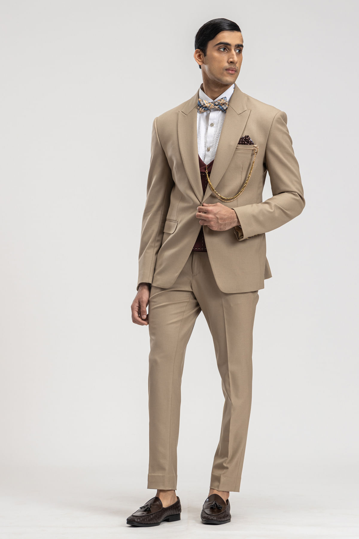 Buy Khaki Woven Italian Tuxedo Suit Online at Samyakk