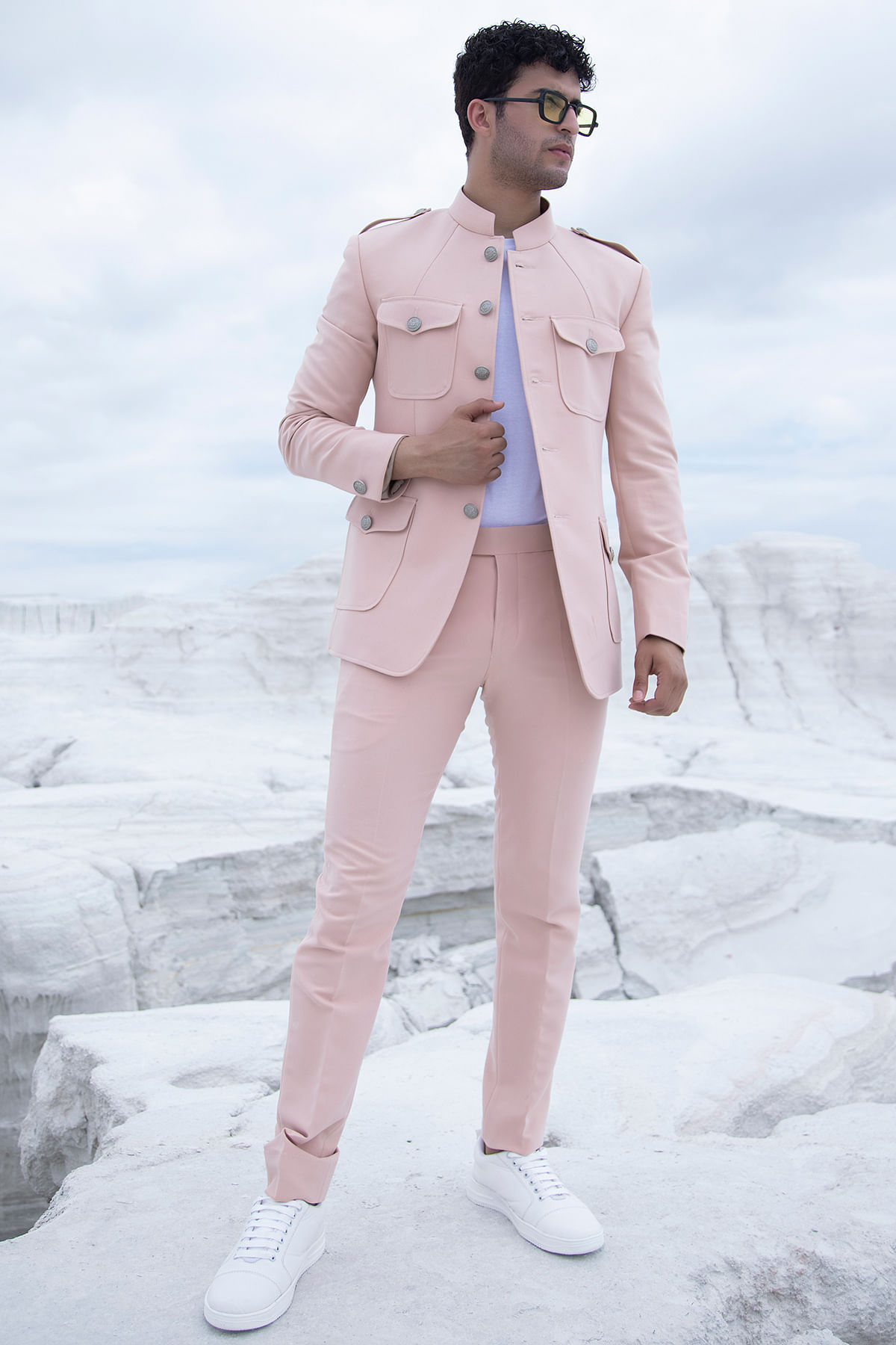 Pastel Pink Plain Lycra Jodhpuri Suit
