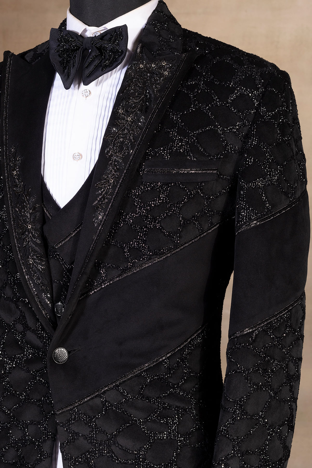 Buy Black Bead Embroidered Suede Tuxedo Suit Online at Samyakk