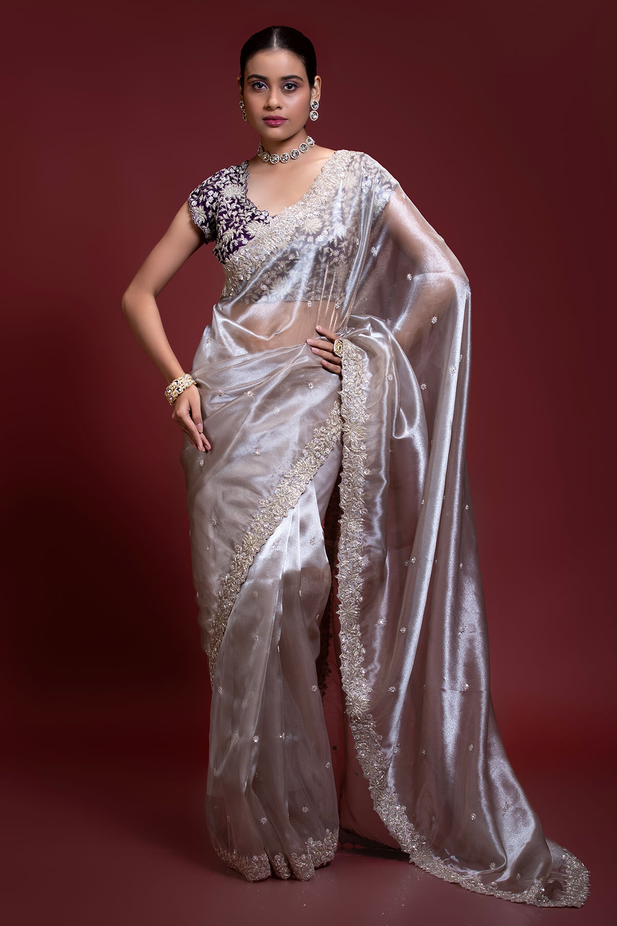 Buy Taupe Grey Sequins Embroidered Shimmer Organza Saree Online at Samyakk
