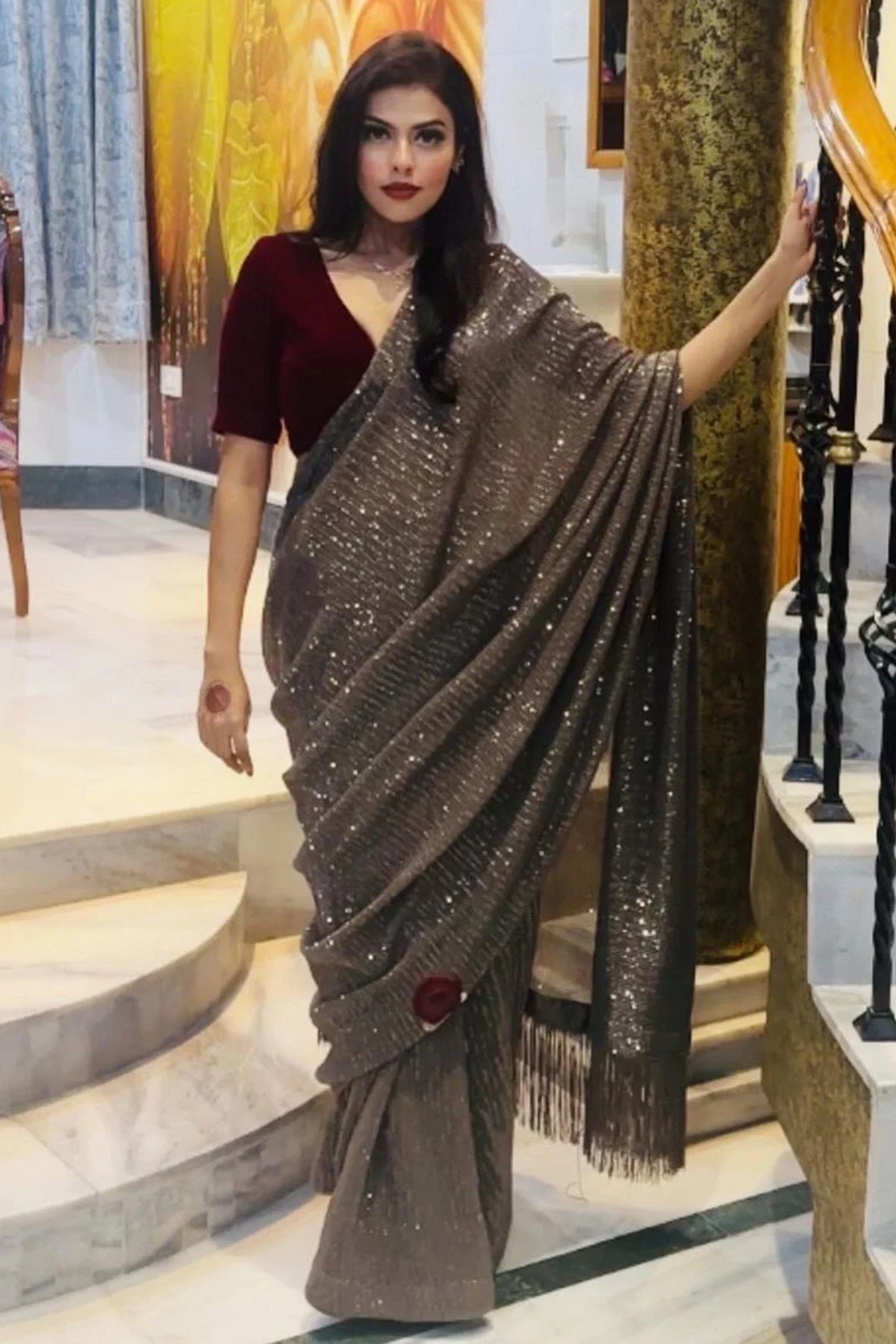 The Perfect Pair Taupe Sequins Net Saree with Classic Velvet Blouse Online at Samyakk