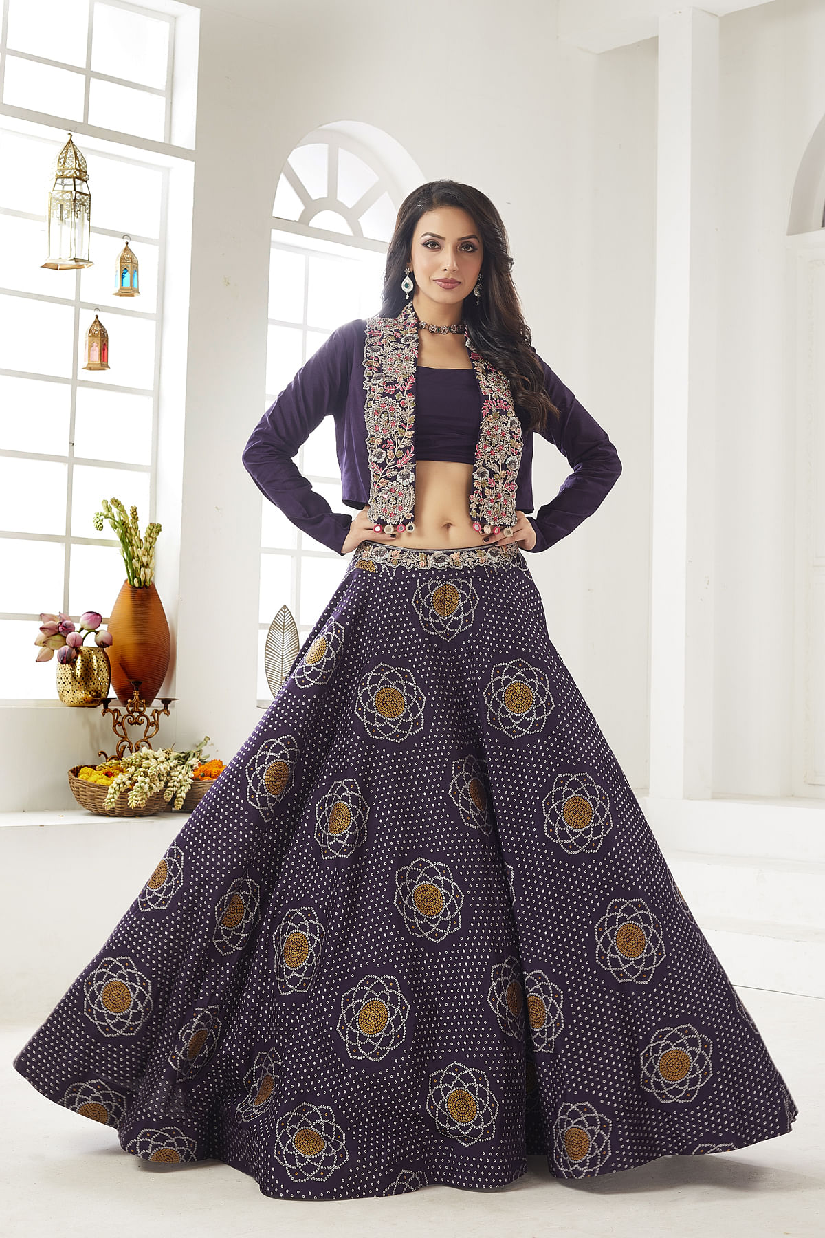 Buy Very Dark Purple Resham Embroidered Silk Jacket Lehenga Online Samyakk